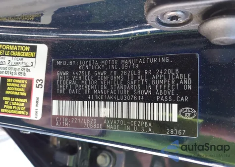 2020 Toyota Camry Xse z USA, uszkodzony, nr VIN 4T1K61AK4LU307614
